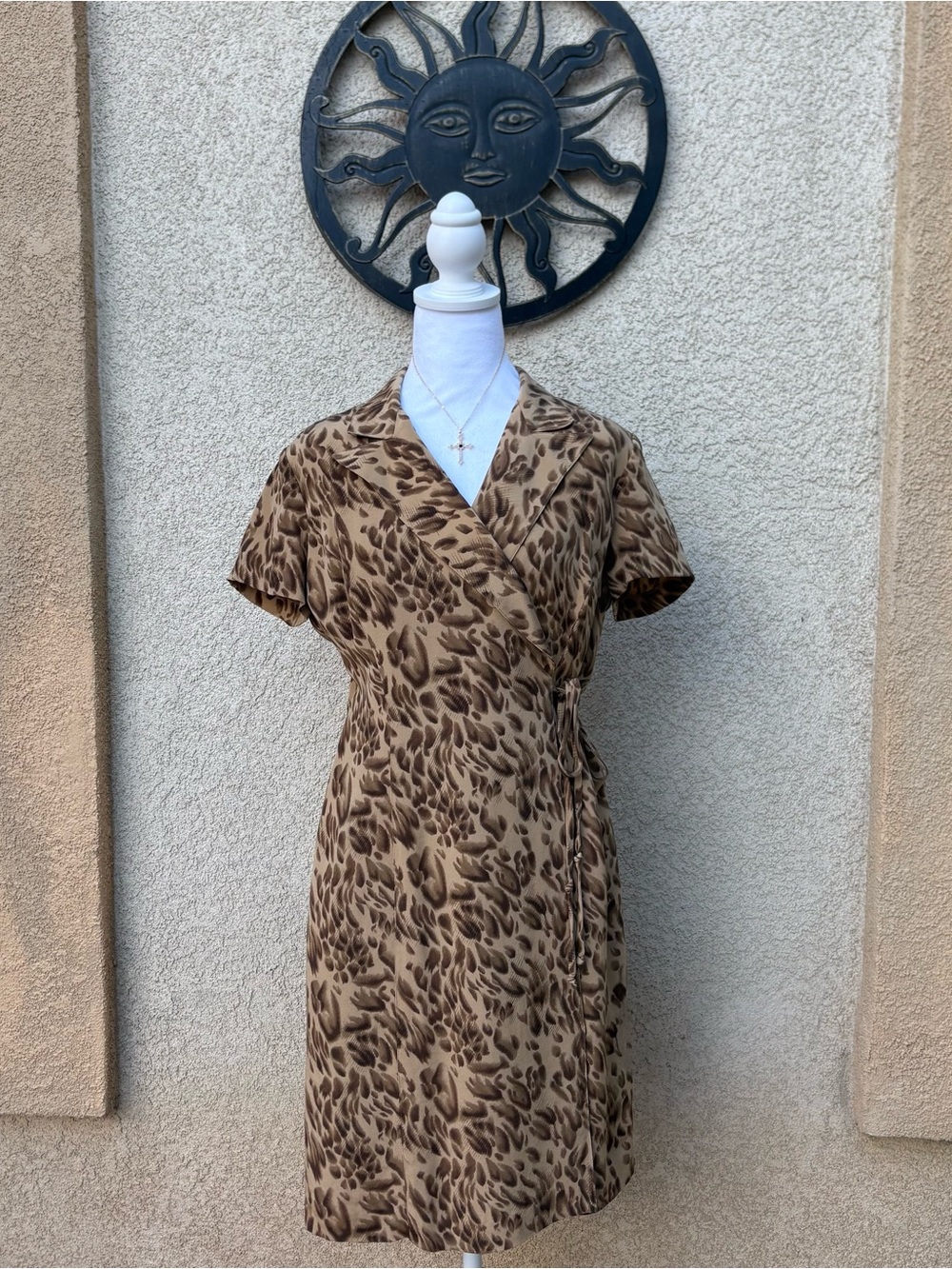 Dana Buchman 100% Silk Tan Brown Leopard Print Wrap Midi Dress 90s Vintage